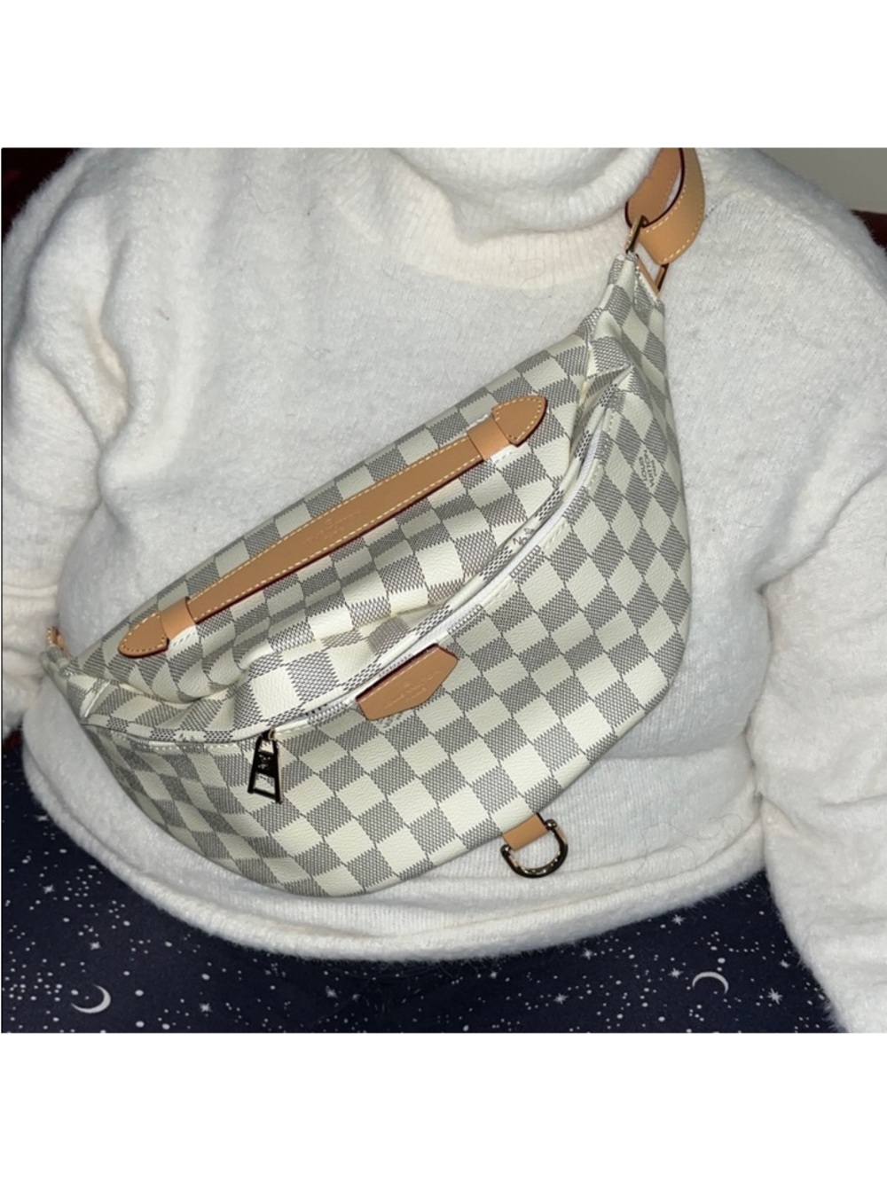 Designer-Inspired White Checkered Crossbody Belt Bag with Tan Trim